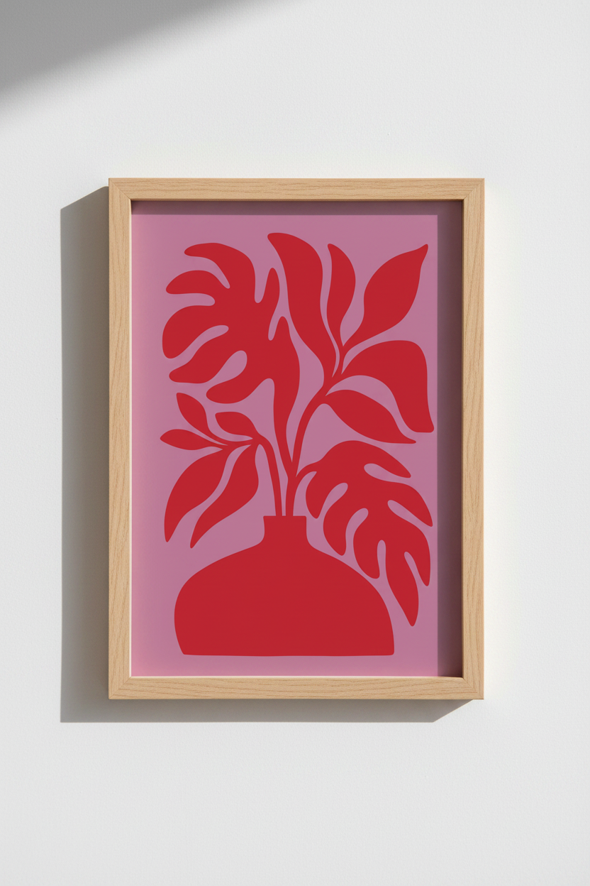 Bold Plant Wall Art | Abstract Red Floral on Pink, Living Room Decor