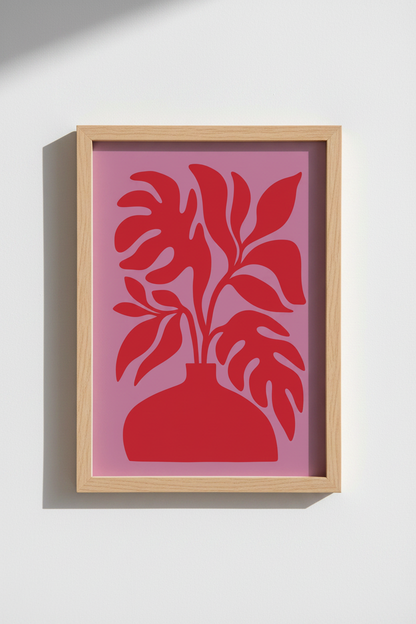 Bold Plant Wall Art | Abstract Red Floral on Pink, Living Room Decor