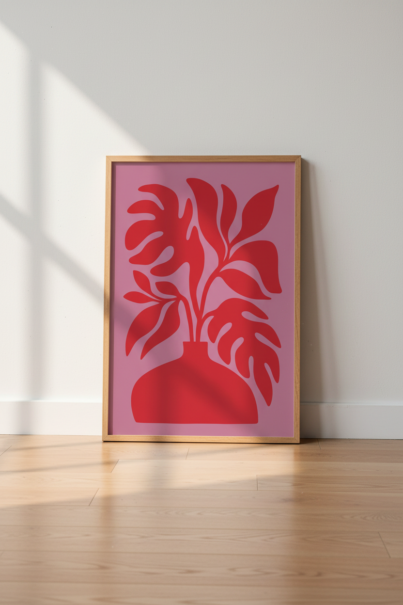Bold Plant Wall Art | Abstract Red Floral on Pink, Living Room Decor