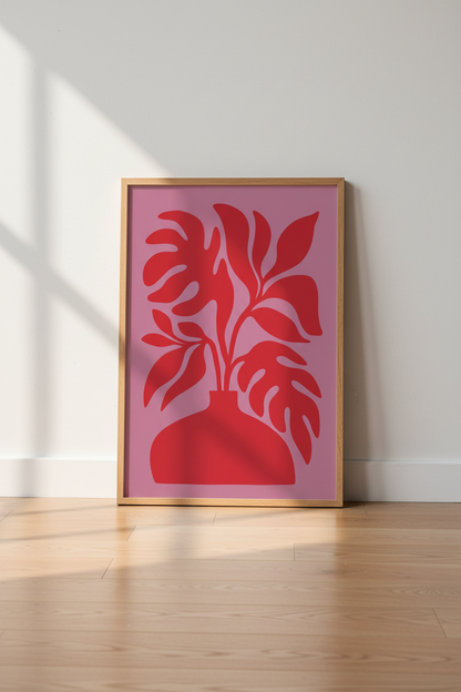 Bold Plant Wall Art | Abstract Red Floral on Pink, Living Room Decor