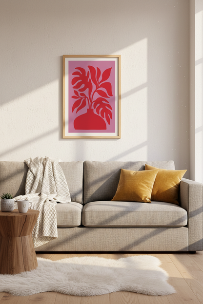 Bold Plant Wall Art | Abstract Red Floral on Pink, Living Room Decor