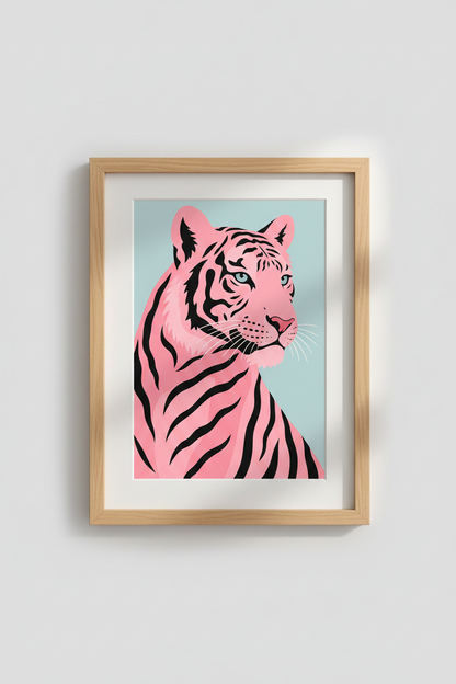 Pink Tiger Wall Art Print | Modern Eclectic Animal Decor | Pastel Aesthetic Poster