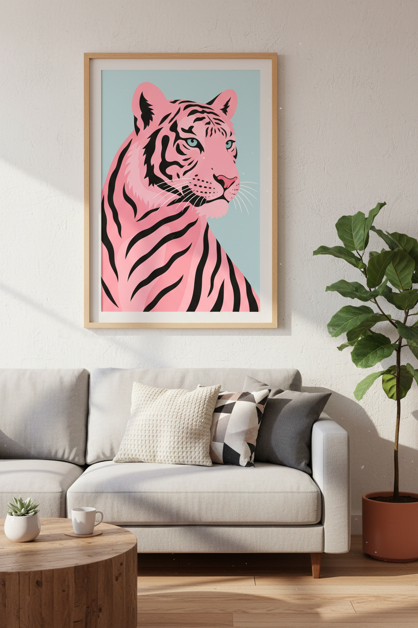Pink Tiger Wall Art Print | Modern Eclectic Animal Decor | Pastel Aesthetic Poster