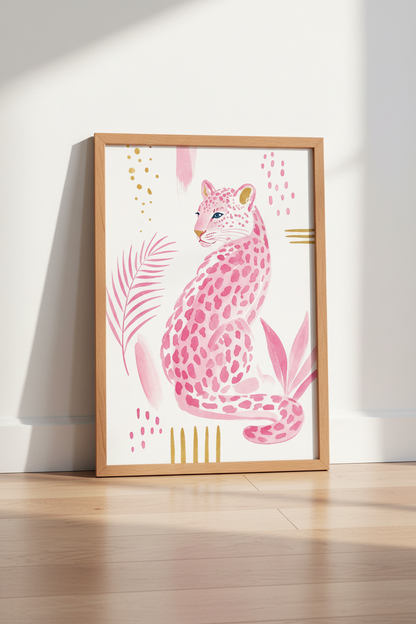 Pink Leopard Wall Art Print | Boho Nursery Decor | Preppy Watercolor Poster
