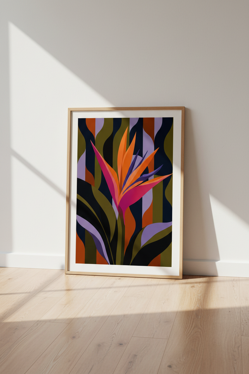 Colorful Floral Wall Art | Bird of Paradise Abstract Print, Modern Tropical Decor Poster