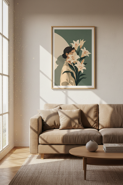 Minimalist Lily Flowers Woman Art | Sage Green, Neutral Boho Decor Poster