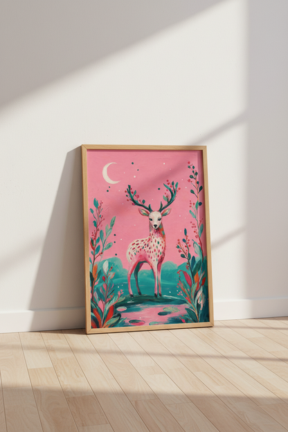 Pink Whimsical Deer Wall Art Print | Nursery &amp; Playroom Decor | Boho Aesthetic Poster