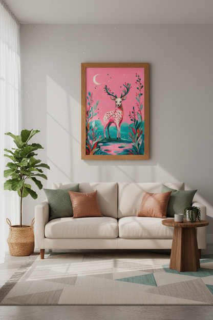Pink Whimsical Deer Wall Art Print | Nursery &amp; Playroom Decor | Boho Aesthetic Poster
