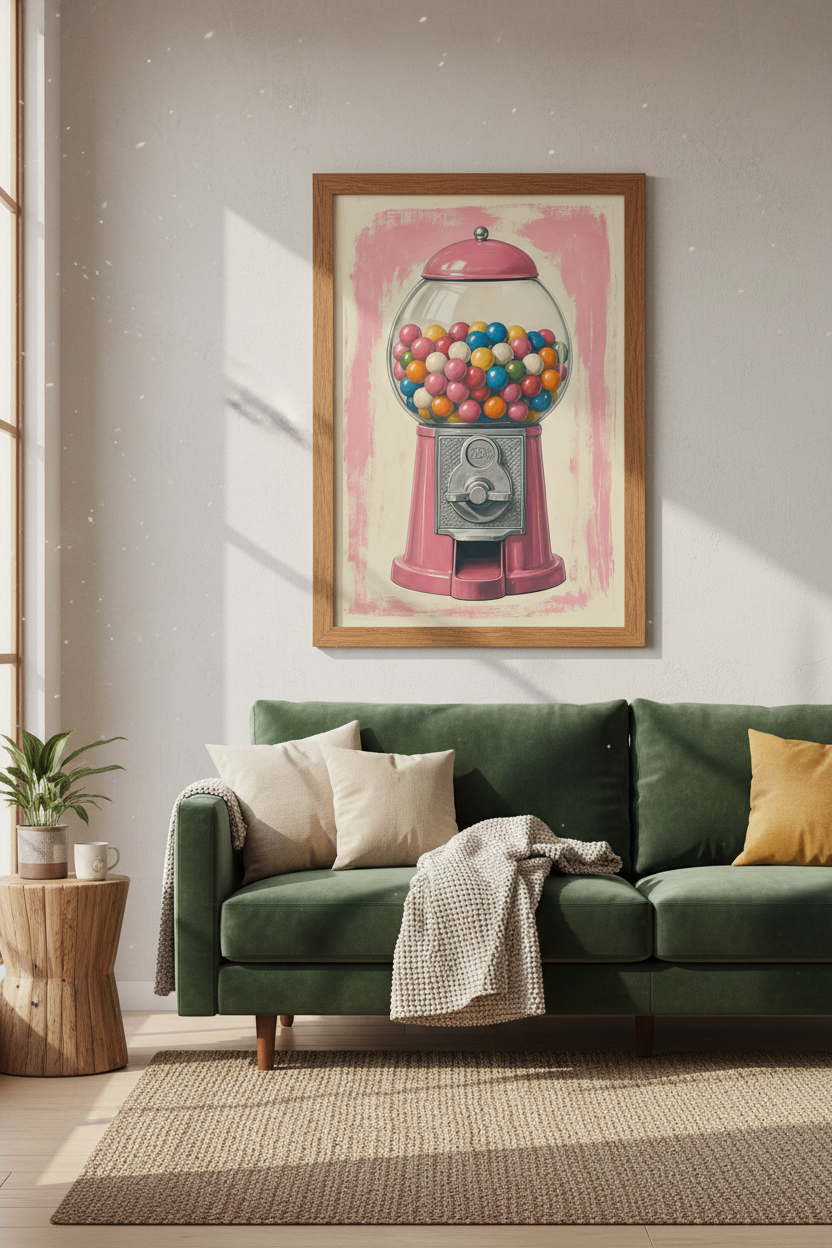 Retro Gumball Machine Wall Art Print | Playroom Decor | Pastel Pink Aesthetic Poster