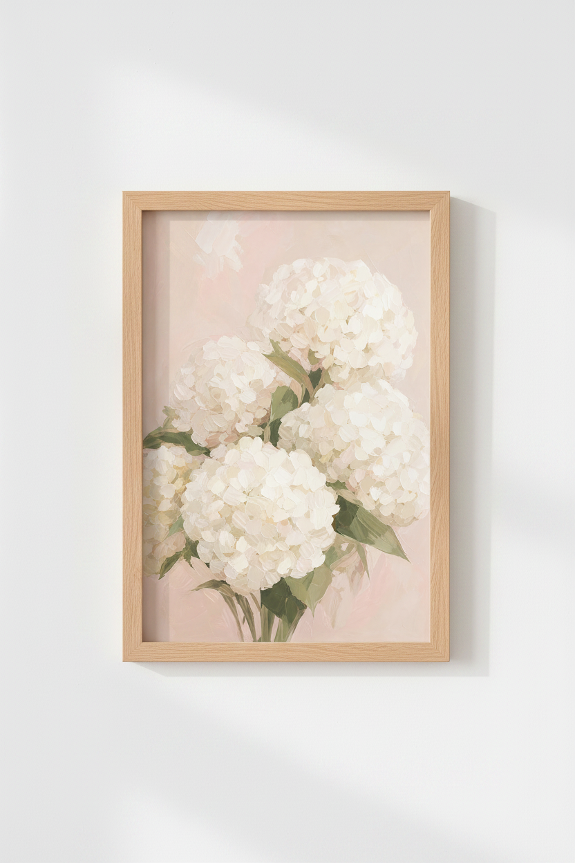 Hydrangea Wall Art Print | Floral Living Room Decor | Pale Pink Impressionist Poster