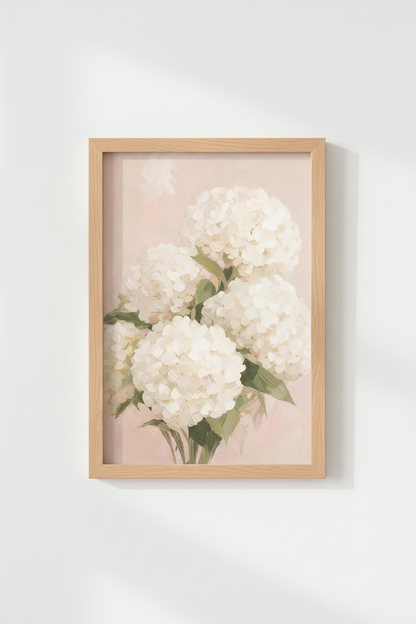 Hydrangea Wall Art Print | Floral Living Room Decor | Pale Pink Impressionist Poster
