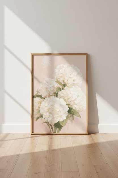 Hydrangea Wall Art Print | Floral Living Room Decor | Pale Pink Impressionist Poster