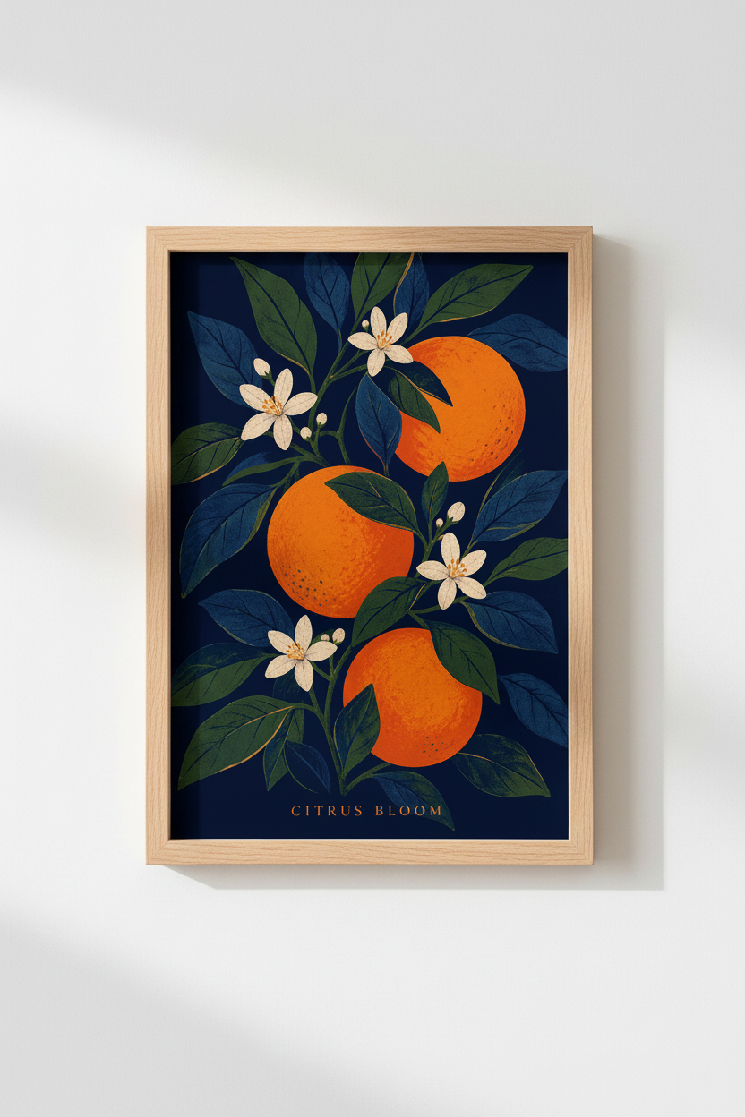 Citrus Wall Art Print | Orange Botanical Poster, Navy &amp; Green Kitchen Decor