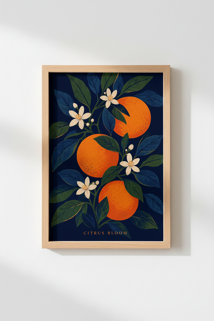 Citrus Wall Art Print | Orange Botanical Poster, Navy &amp; Green Kitchen Decor