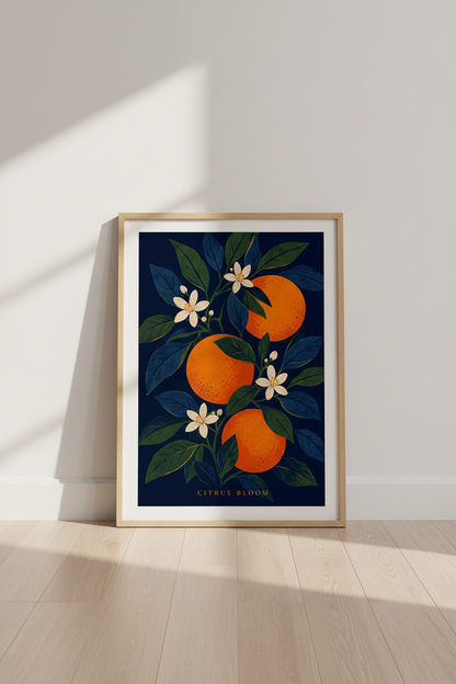 Citrus Wall Art Print | Orange Botanical Poster, Navy &amp; Green Kitchen Decor