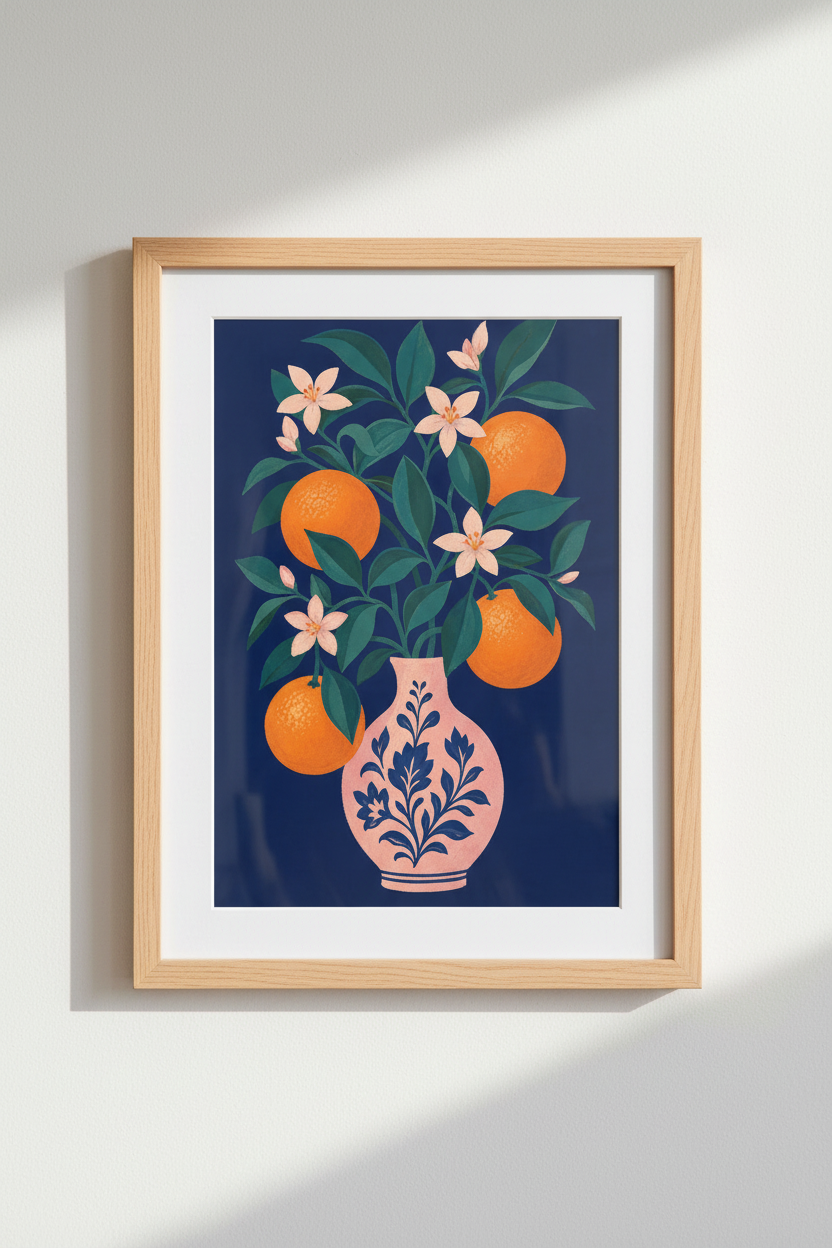 Citrus Floral Wall Art Print | Navy Blue Botanical Poster, Kitchen Decor