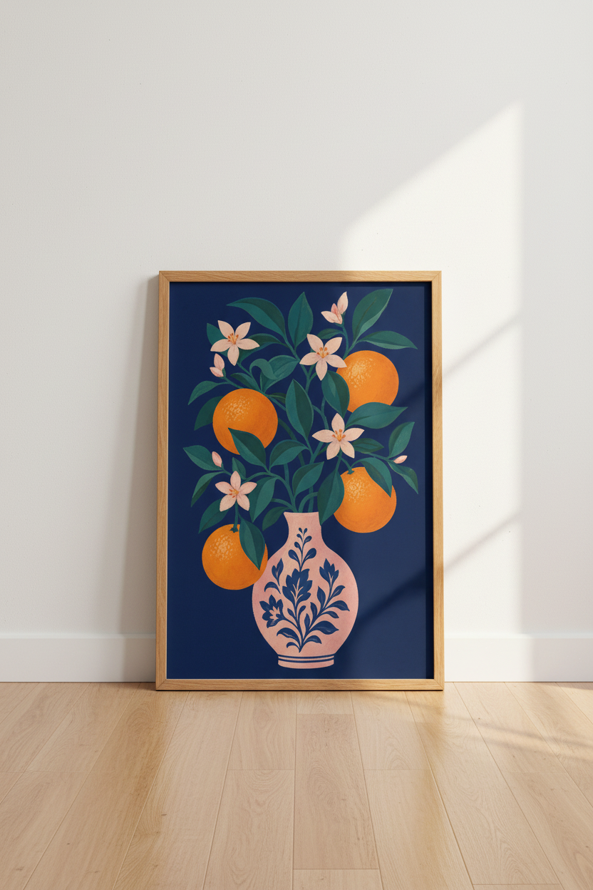 Citrus Floral Wall Art Print | Navy Blue Botanical Poster, Kitchen Decor