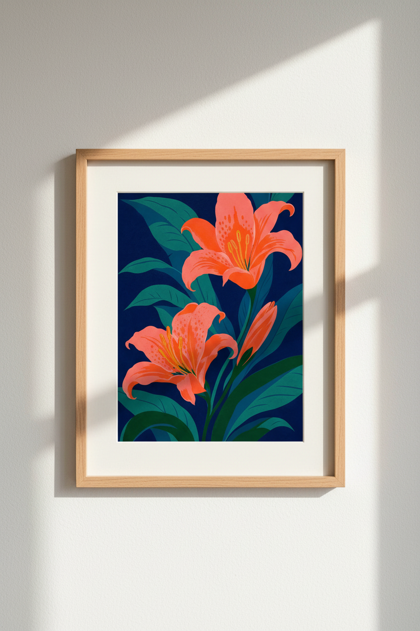 Floral Botanical Wall Art Print | Navy &amp; Coral Lily, Modern Home Decor