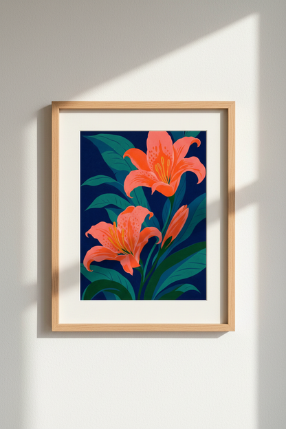 Floral Botanical Wall Art Print | Navy &amp; Coral Lily, Modern Home Decor