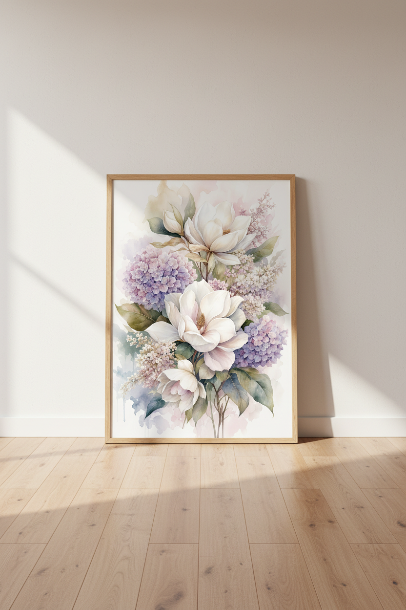 Magnolia Hydrangea Floral Wall Art | Pastel Watercolor Prints, Cottagecore Decor