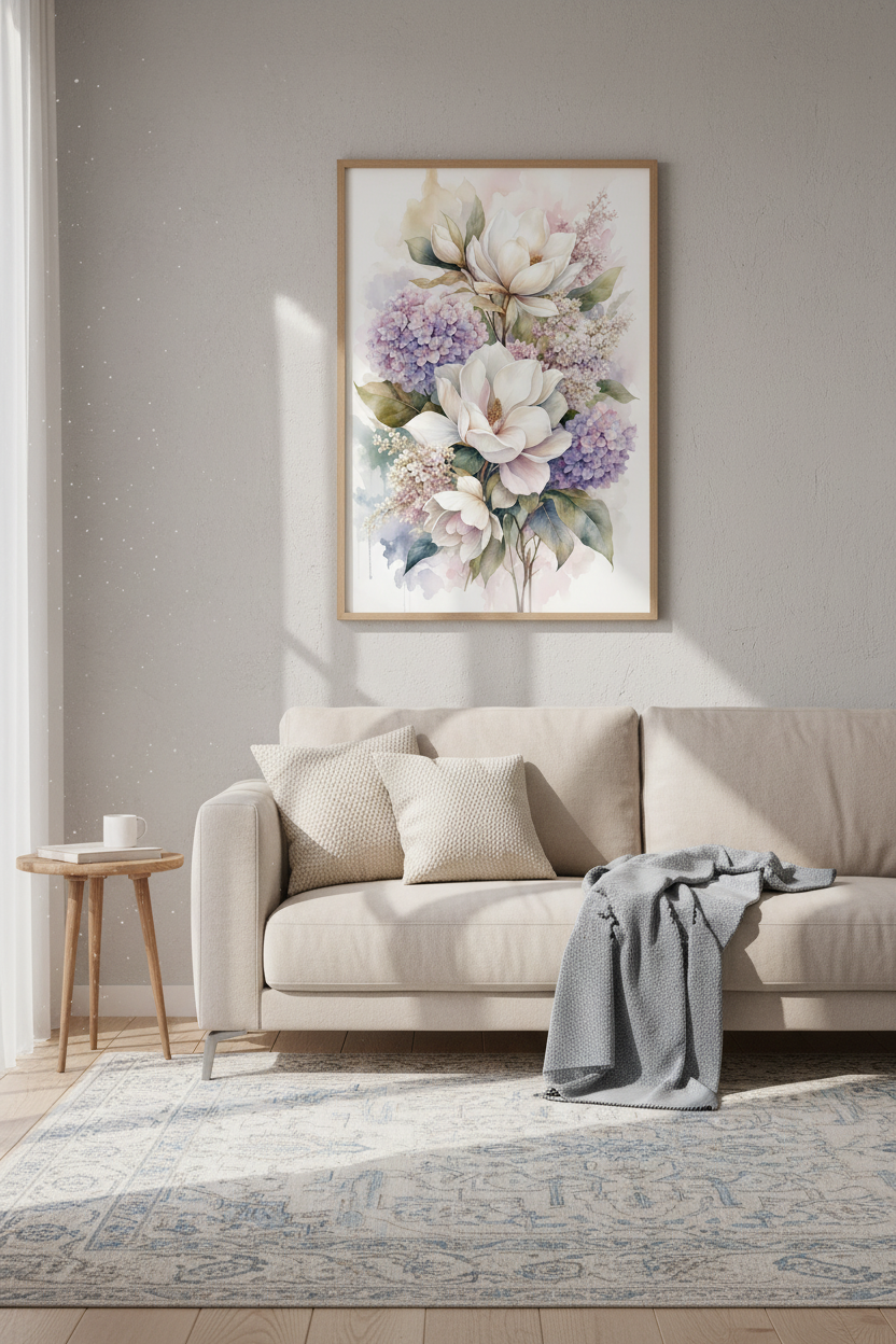 Magnolia Hydrangea Floral Wall Art | Pastel Watercolor Prints, Cottagecore Decor