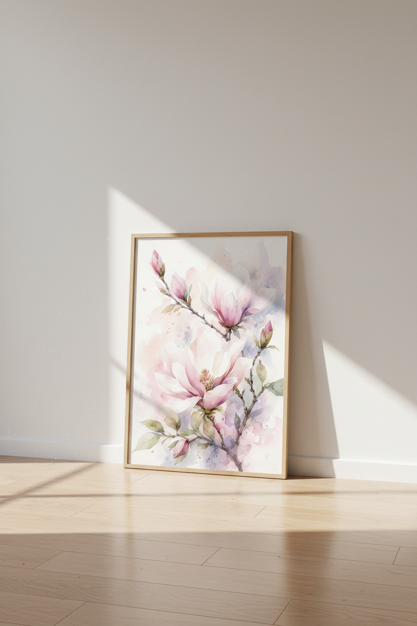Pink Magnolia Watercolor Wall Art Print | Bedroom Decor | Floral Botanical Poster