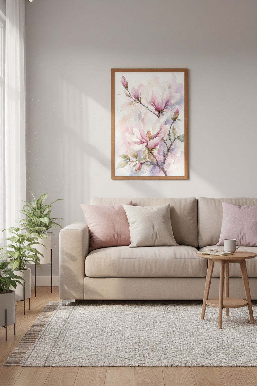 Pink Magnolia Watercolor Wall Art Print | Bedroom Decor | Floral Botanical Poster