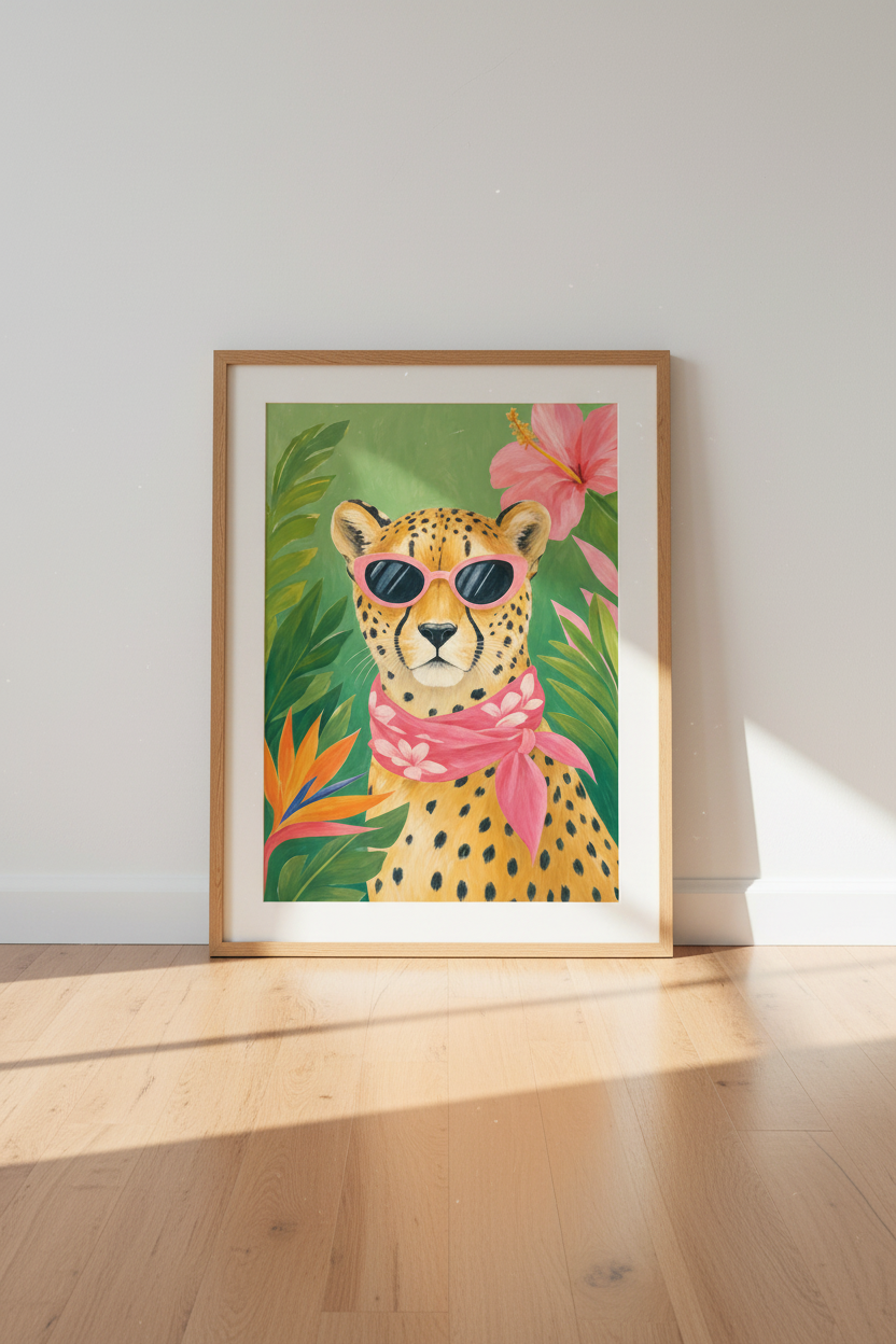 Cheetah in Sunglasses Wall Art | Tropical Jungle Pink Decor | Maximalist Poster