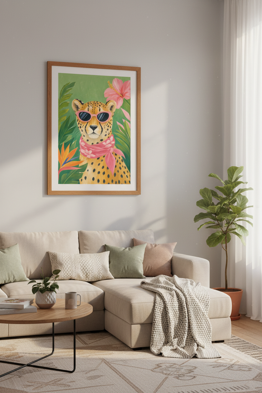 Cheetah in Sunglasses Wall Art | Tropical Jungle Pink Decor | Maximalist Poster