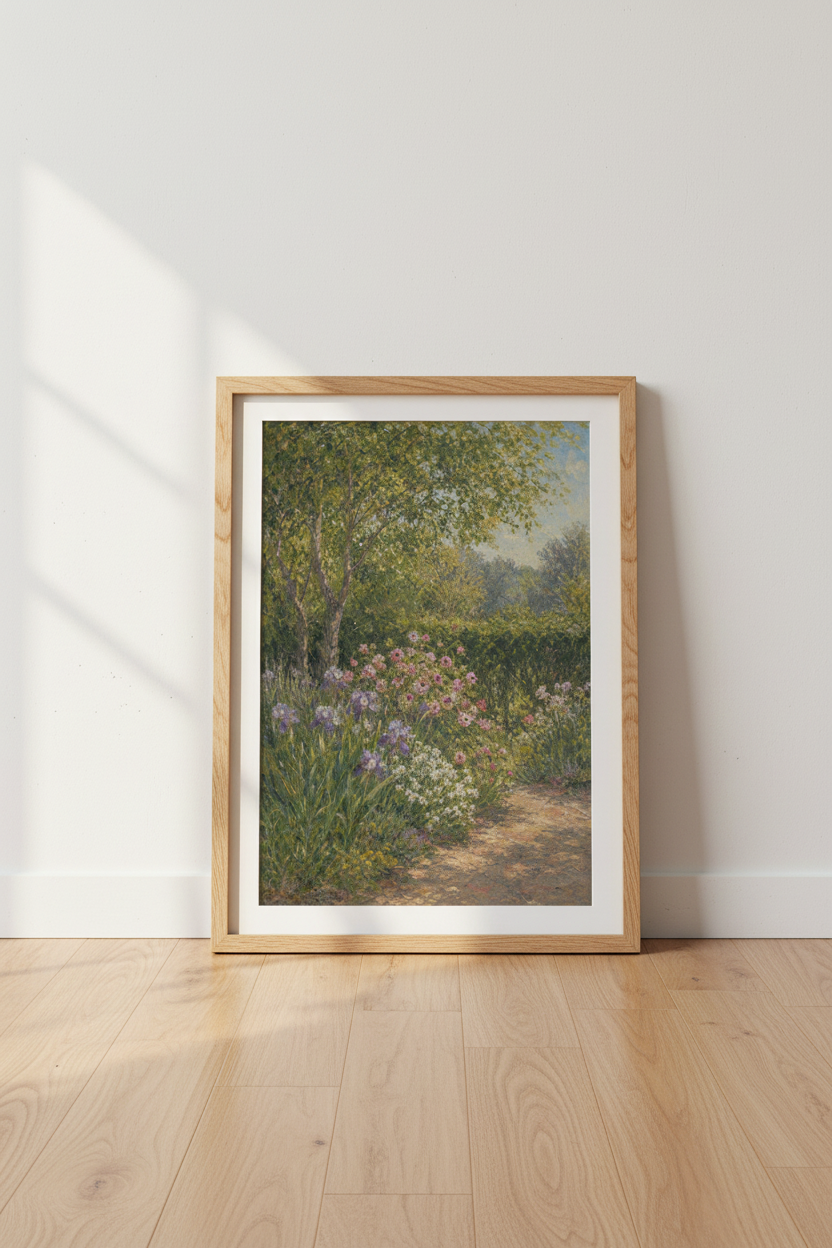 Floral Garden Print | Impressionist Landscape, Pastel Green | Living Room Decor