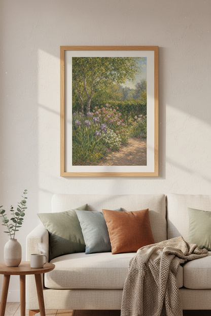 Floral Garden Print | Impressionist Landscape, Pastel Green | Living Room Decor