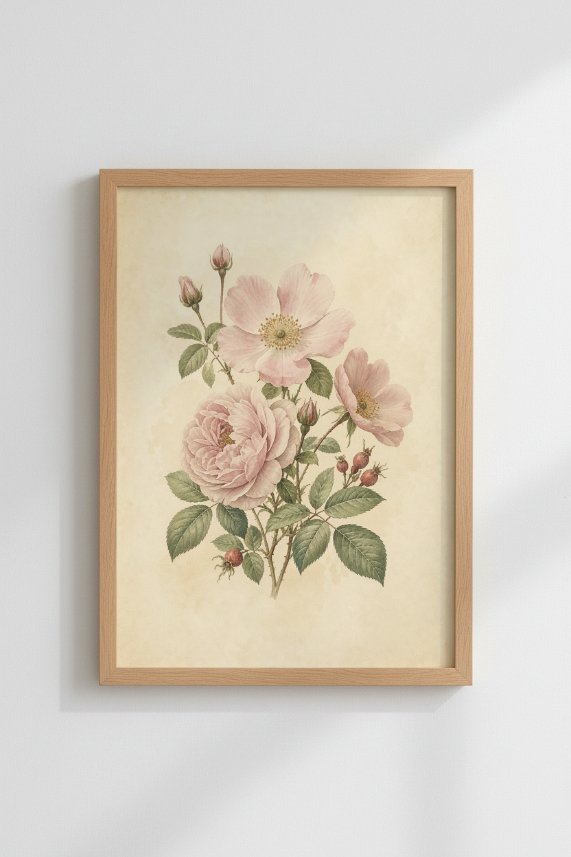 Botanical Rose Print | Vintage Floral, Soft Pink Tones | Living Room Decor
