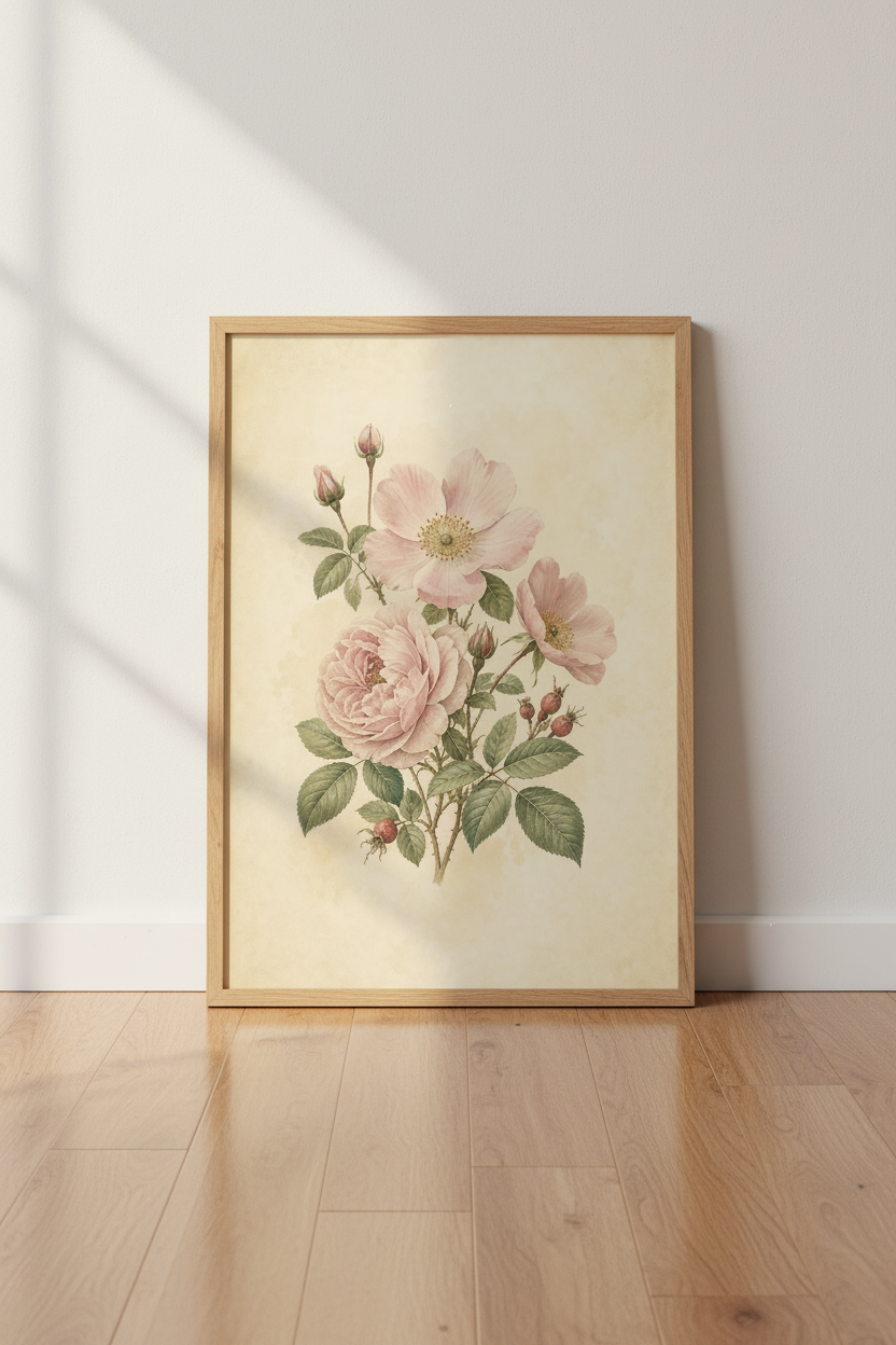 Botanical Rose Print | Vintage Floral, Soft Pink Tones | Living Room Decor