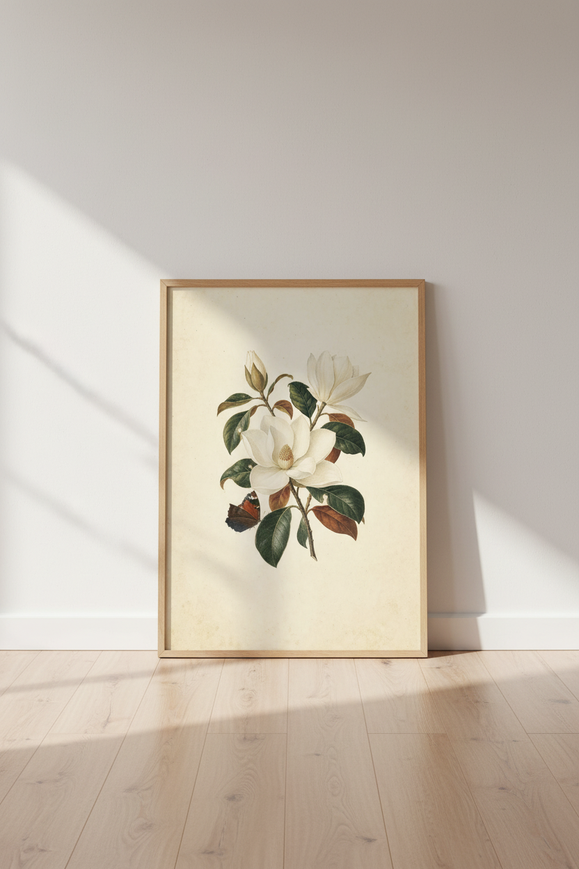 Vintage Magnolia Botanical Poster | Antique Floral Wall Art Print, Creamy White Flower