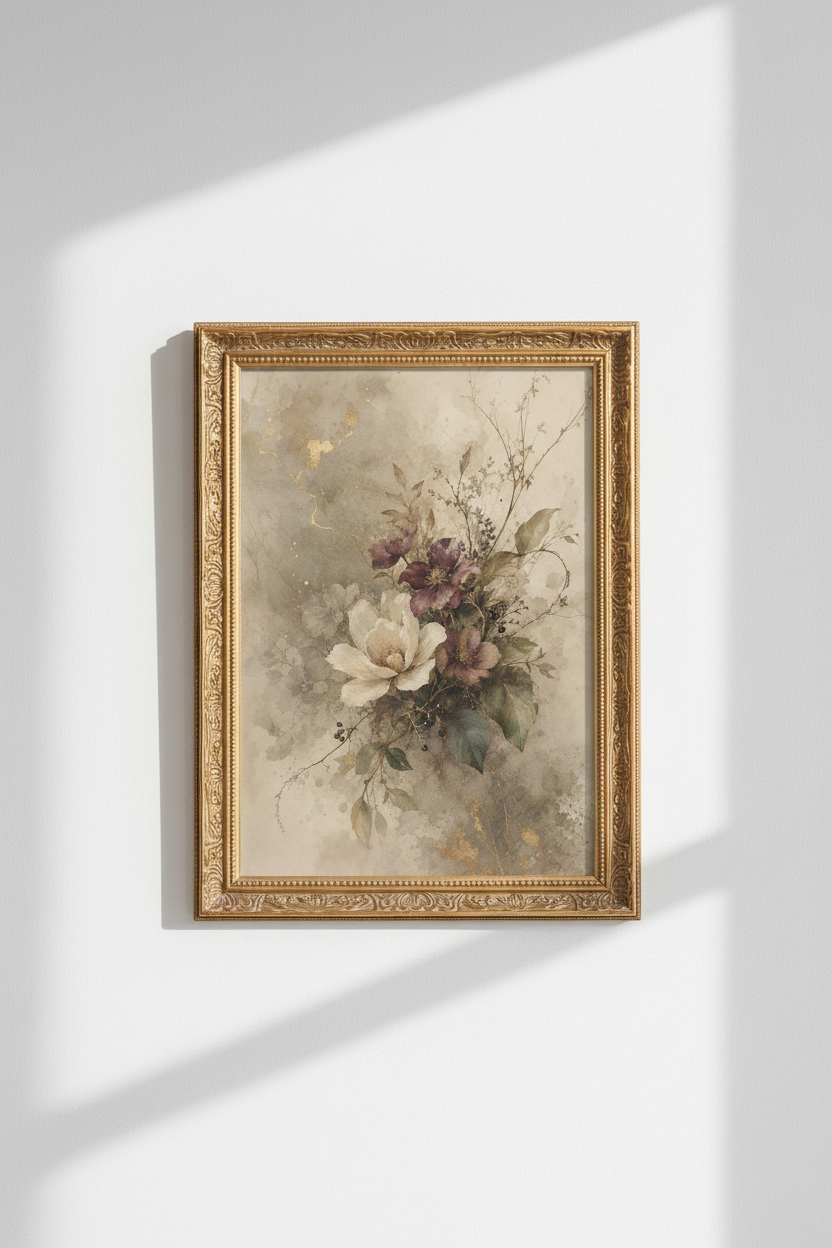 Moody Floral Wall Art Print | Vintage Botanical Watercolor, Earthy Gold Leaf Bedroom Decor