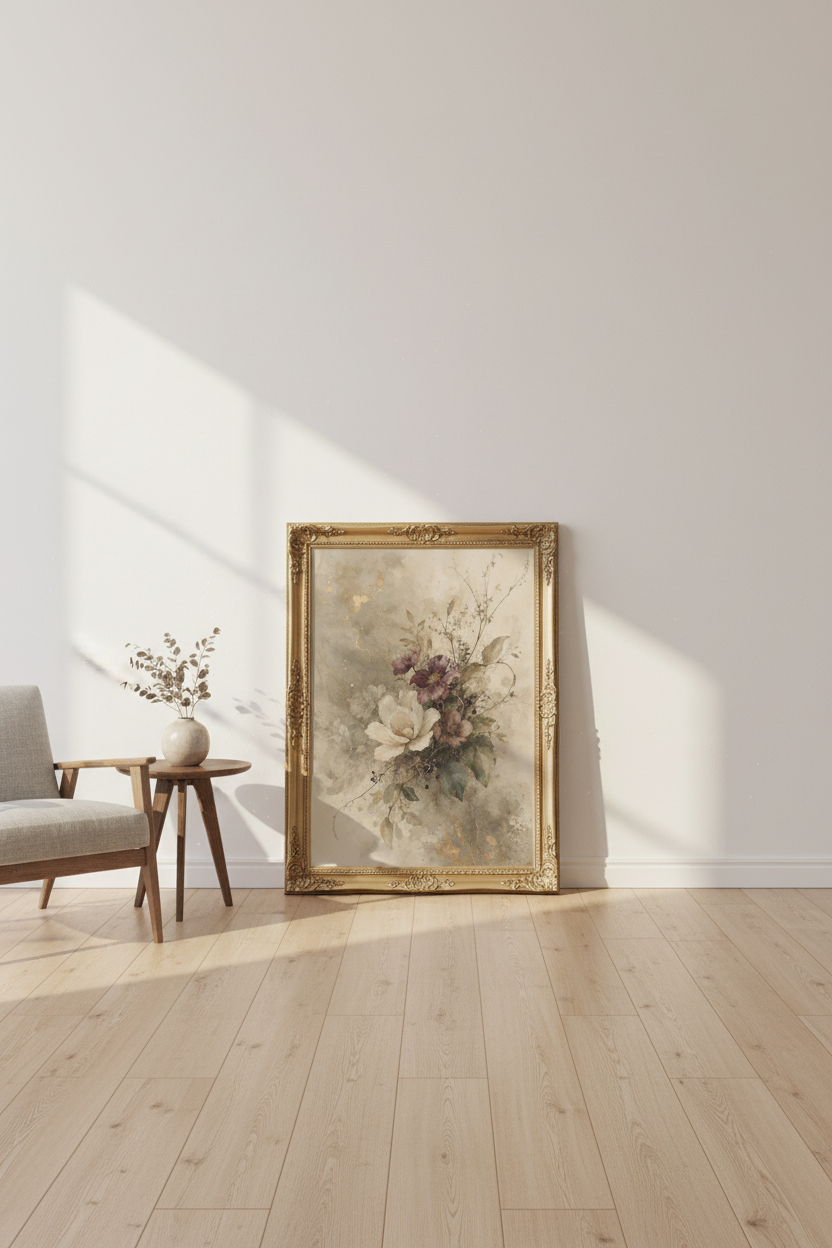 Moody Floral Wall Art Print | Vintage Botanical Watercolor, Earthy Gold Leaf Bedroom Decor