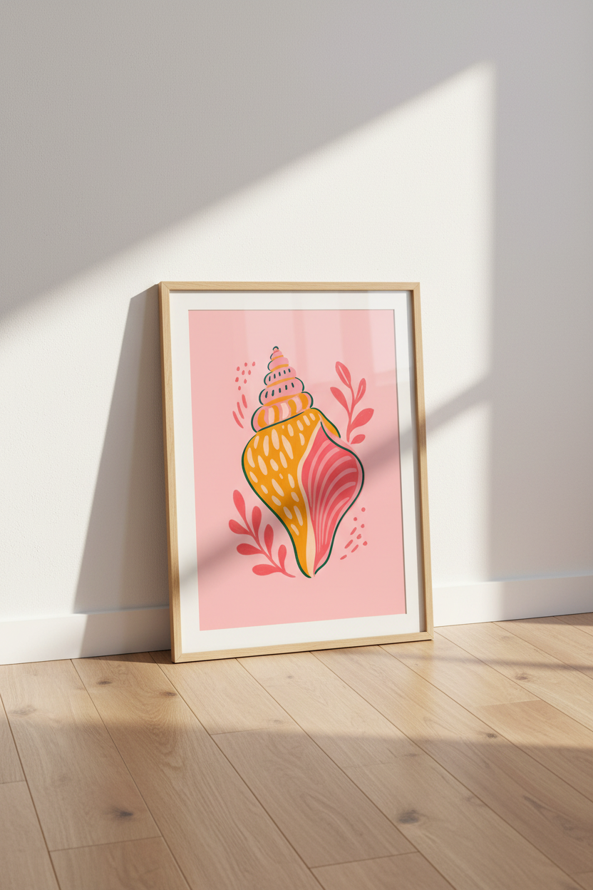 Modern Pink Seashell Wall Art Print | Coastal Bathroom Decor | Colorful Aesthetic Poster