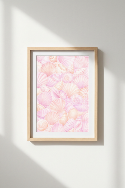 Pastel Seashell Wall Art Print | Coastal Nursery Decor | Pink Watercolor Poster