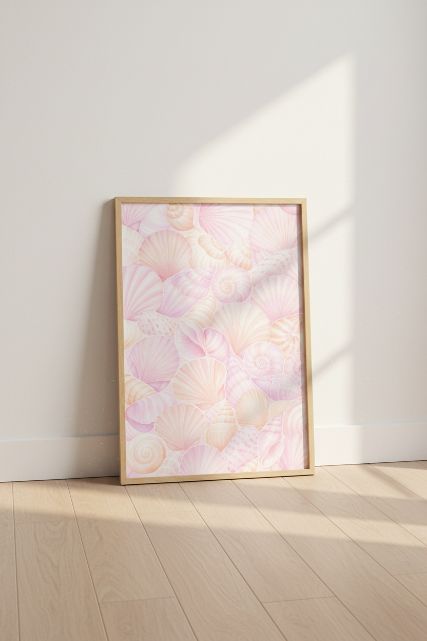 Pastel Seashell Wall Art Print | Coastal Nursery Decor | Pink Watercolor Poster