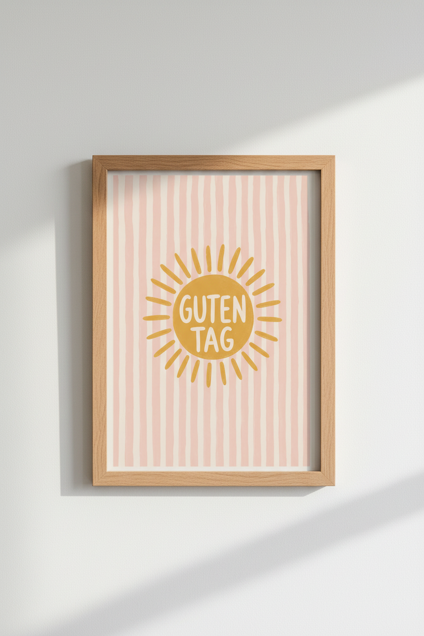 Wall Art Print | Guten Tag Sun Typography Poster, Pink &amp; Yellow Nursery Decor