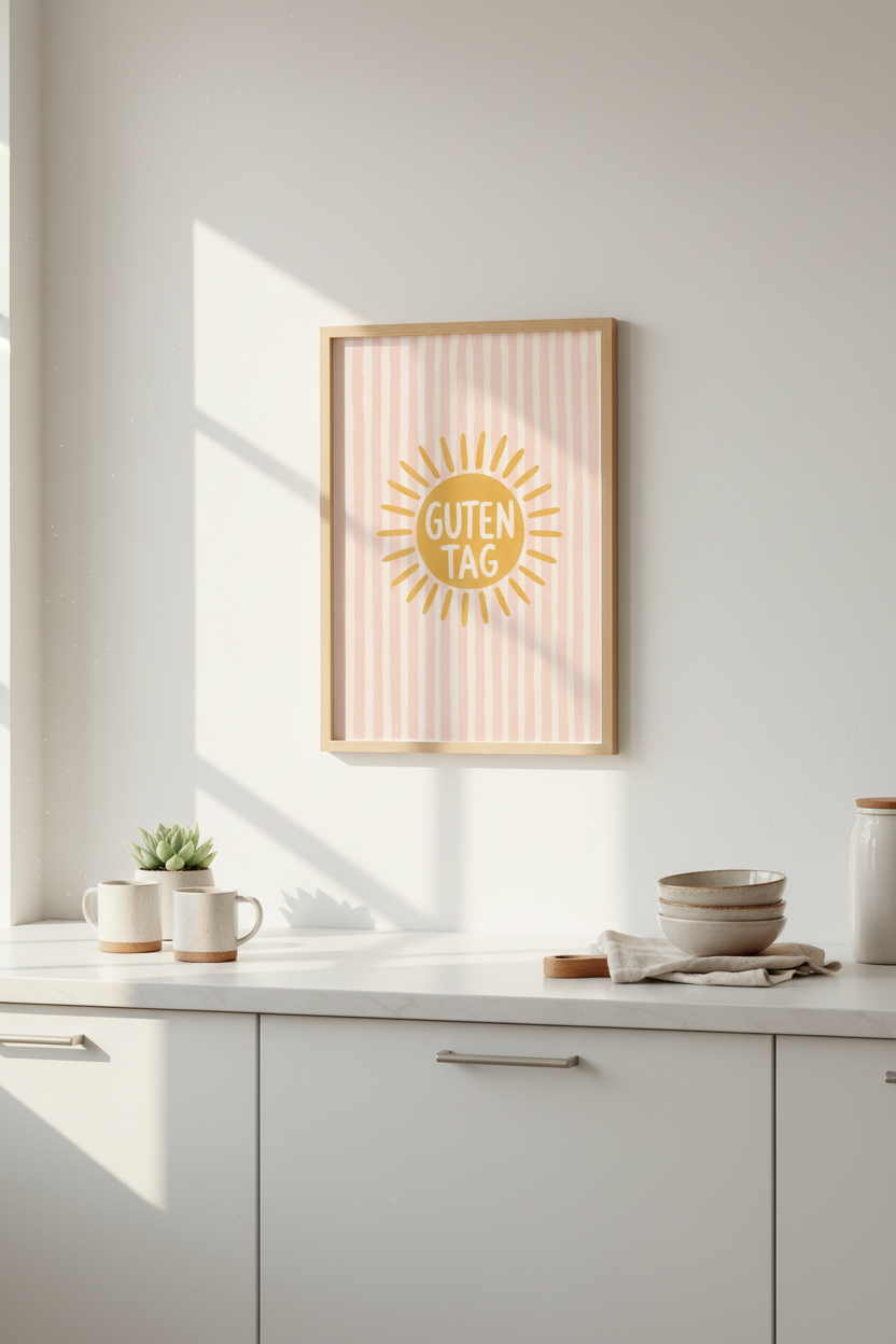 Wall Art Print | Guten Tag Sun Typography Poster, Pink &amp; Yellow Nursery Decor