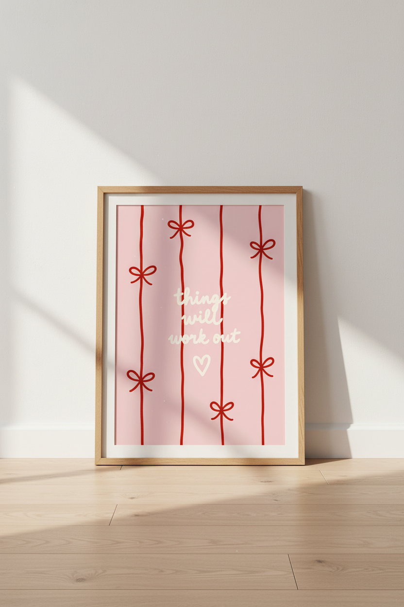 Motivational Wall Art | Pink Minimal, Ribbon Lines | Living Room Decor