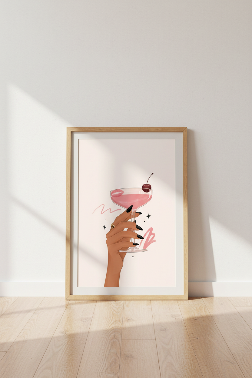 Pink Cocktail Art Print | Chic Bar Cart Decor | Modern Minimalist Poster