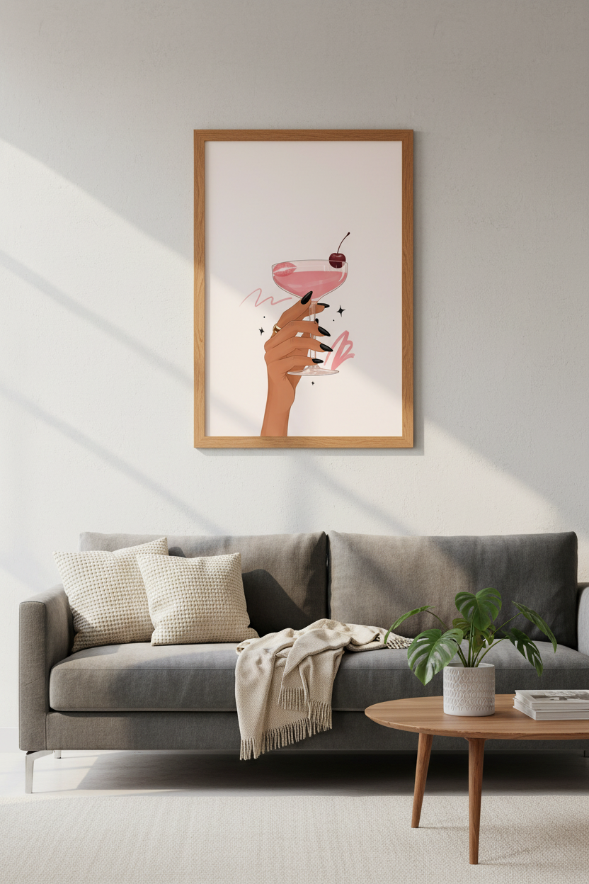 Pink Cocktail Art Print | Chic Bar Cart Decor | Modern Minimalist Poster