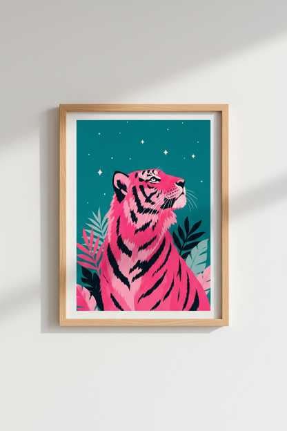 Pink Tiger Wall Art | Teal Jungle Decor, Modern Maximalist Animal Poster Print