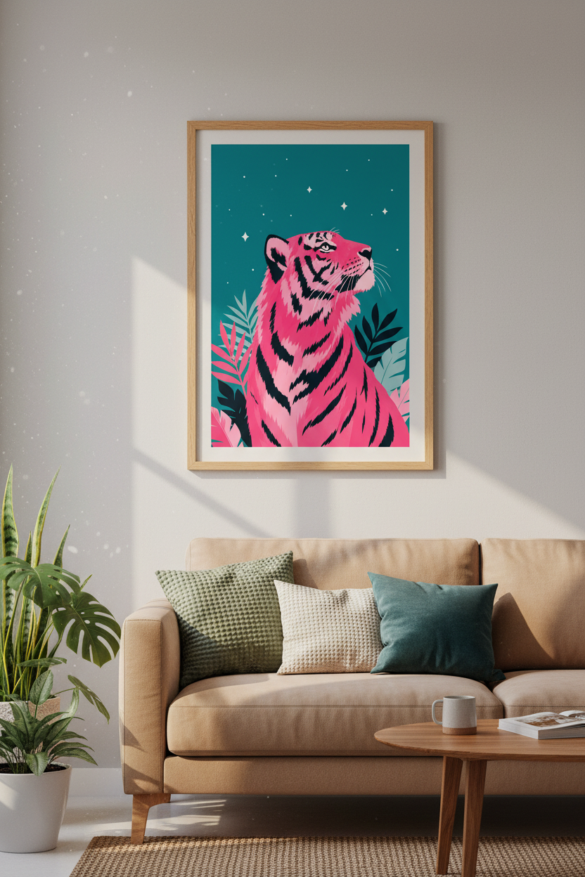 Pink Tiger Wall Art | Teal Jungle Decor, Modern Maximalist Animal Poster Print