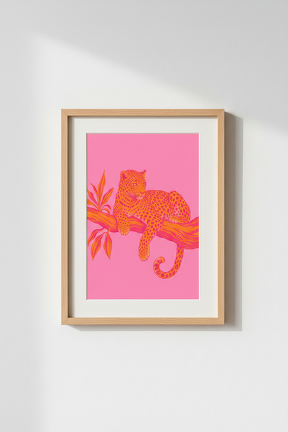 Pink Leopard Wall Art Print | Maximalist Pink and Orange Decor | Eclectic Jungle Poster