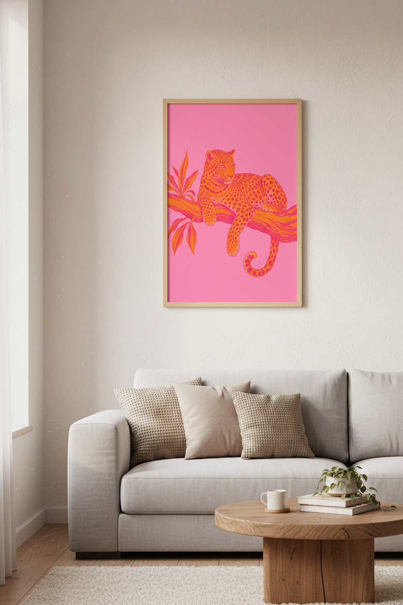 Pink Leopard Wall Art Print | Maximalist Pink and Orange Decor | Eclectic Jungle Poster