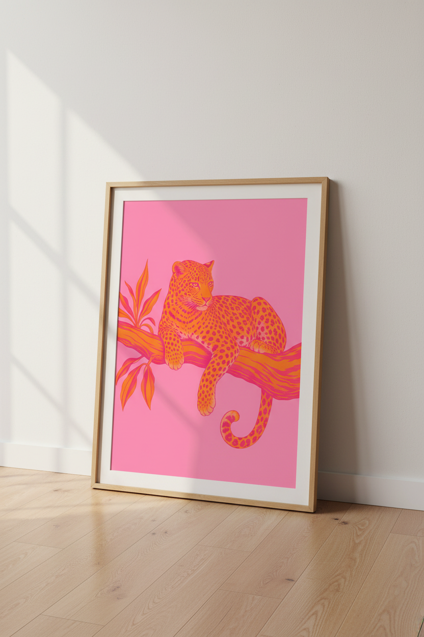 Pink Leopard Wall Art Print | Maximalist Pink and Orange Decor | Eclectic Jungle Poster