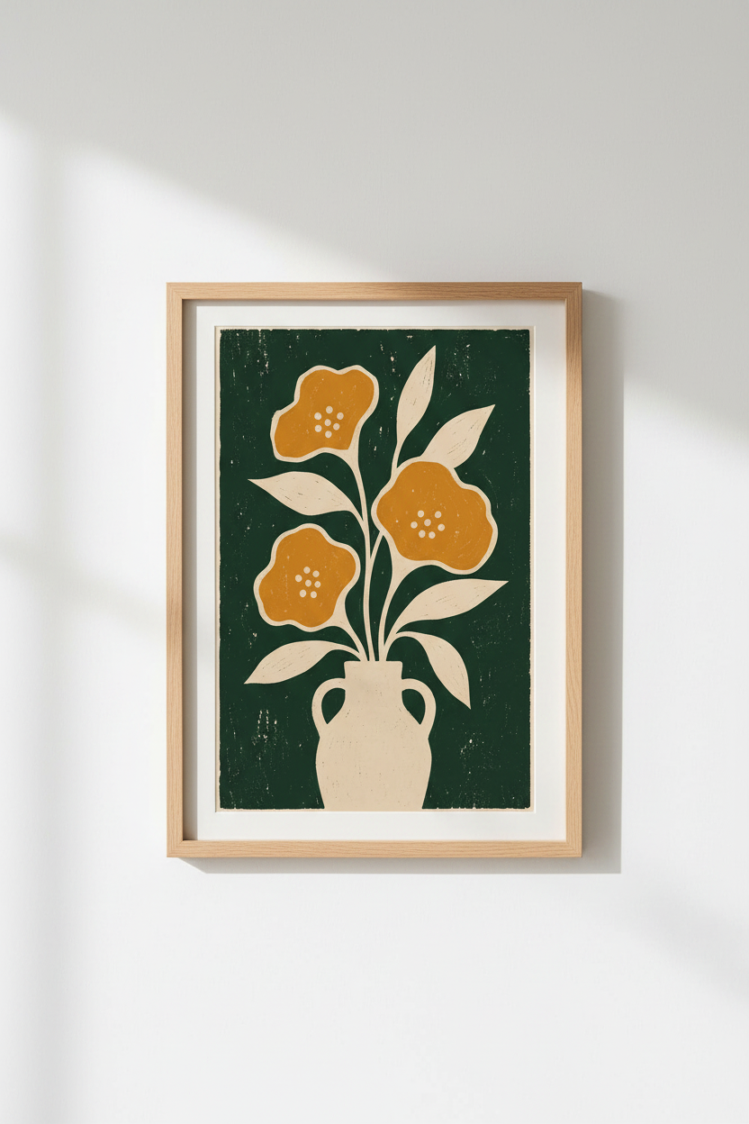 Mid Century Floral Print | Retro Botanical Poster, Deep Green &amp; Ochre Wall Art